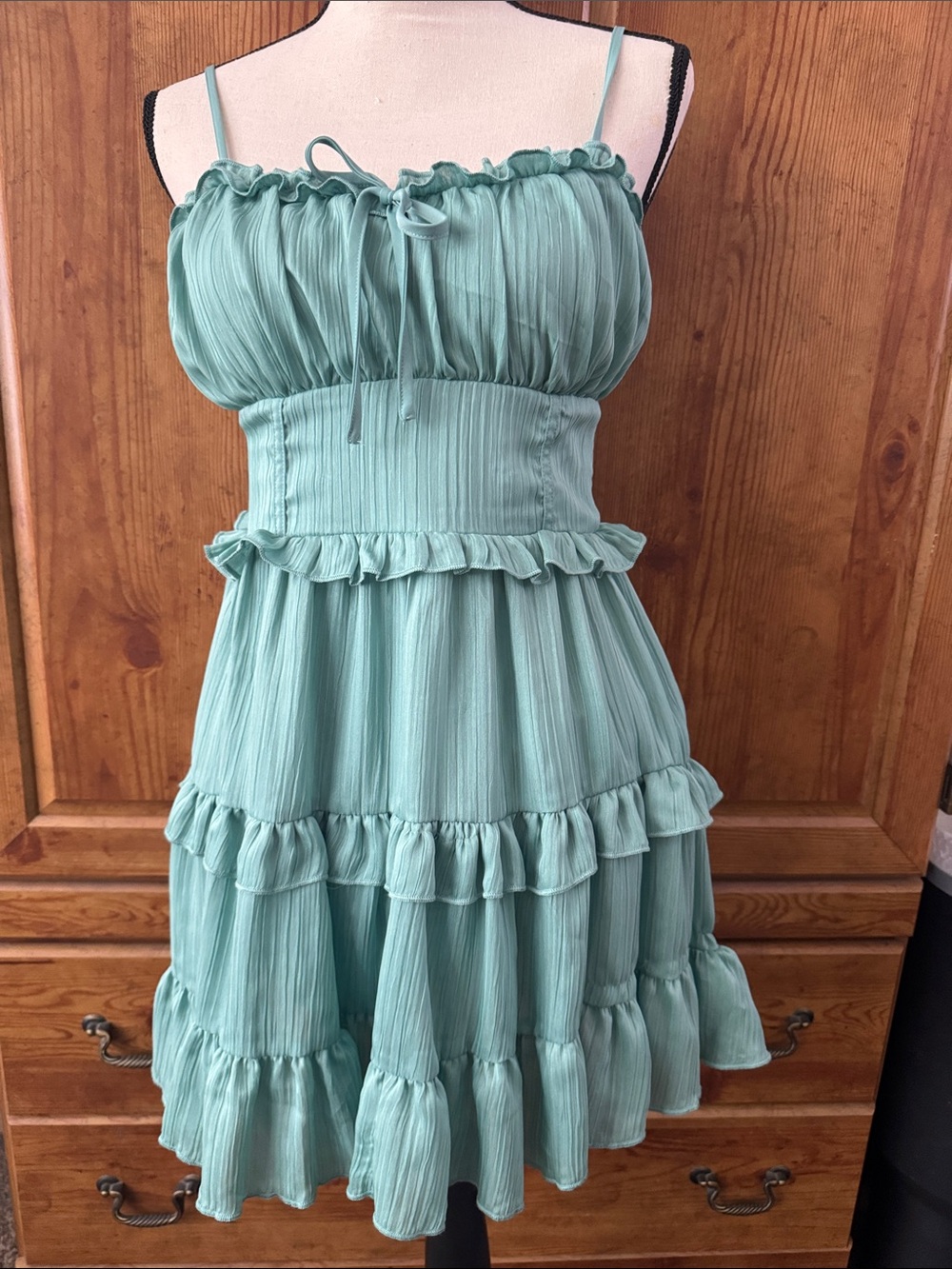 Tiered Ruffle Spaghetti Strap Dress in Seafoam Green